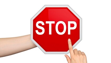 A hand pointing at a red octagonal stop sign