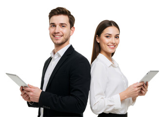 Students with Tablets: Back-to-Back Collaboration, Isolated on Transparent Background PNG.