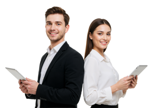 Students with Tablets: Back-to-Back Collaboration, Isolated on Transparent Background PNG.