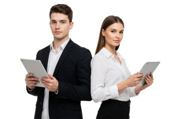 Students with Tablets: Back-to-Back Collaboration, Isolated on Transparent Background PNG.