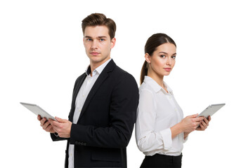 Students with Tablets: Back-to-Back Collaboration, Isolated on Transparent Background PNG.