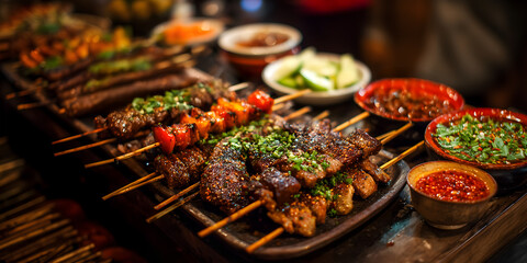 Creative food template. Rows of various marinated grilled meat skewers, pork chicken beef, with little side dish bowls of sauce dipping on rustic wooden table. Copy text space