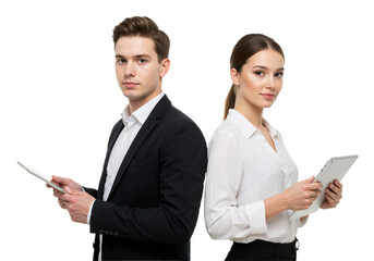 Students with Tablets: Back-to-Back Collaboration, Isolated on Transparent Background PNG.