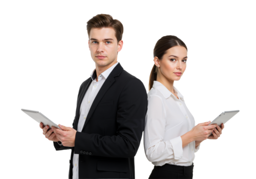 Students with Tablets: Back-to-Back Collaboration, Isolated on Transparent Background PNG.