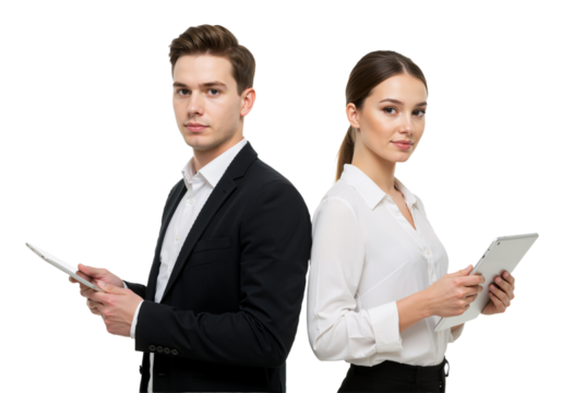 Students with Tablets: Back-to-Back Collaboration, Isolated on Transparent Background PNG.