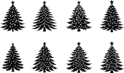Fototapeta premium Set of Eight Stylized Christmas Trees in Black and White Silhouette