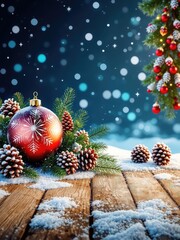 Holiday cheer with red ornament, pinecones and snow dusted wood create a festive winter scene to celebrate the season.