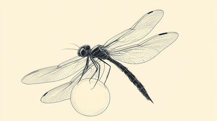 Detailed line drawing of a dragonfly perched on a light orb