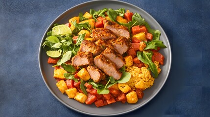 Fototapeta premium Delicious Spiced Pork Tenderloin Salad with Roasted Sweet Potatoes and Quinoa
