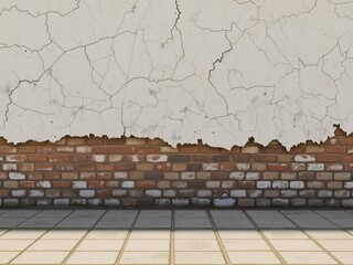 Weathered exterior wall featuring exposed brickwork and damaged plaster above a tiled floor providing a unique textured backdrop