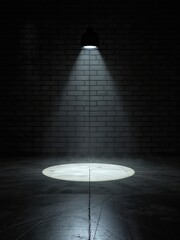 A Single Light Illuminates a Circular Space on a Tiled Floor in a Dark Room