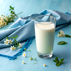 Glass of fresh milk on a vibrant blue background, showcasing purity and nutrition.