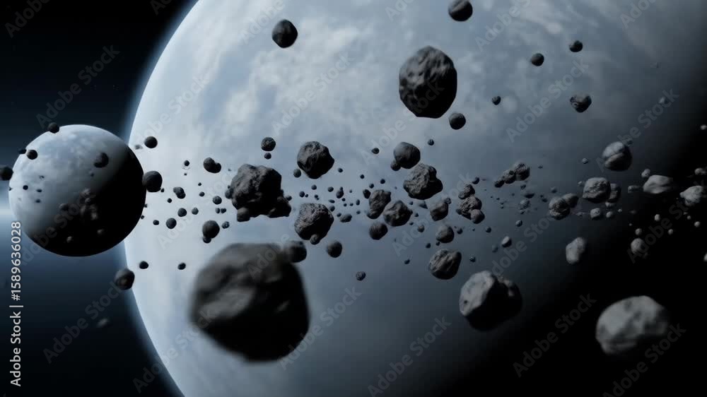 Poster asteroid field near planets - a dramatic close-up of two planets in space, with a dense asteroid fie