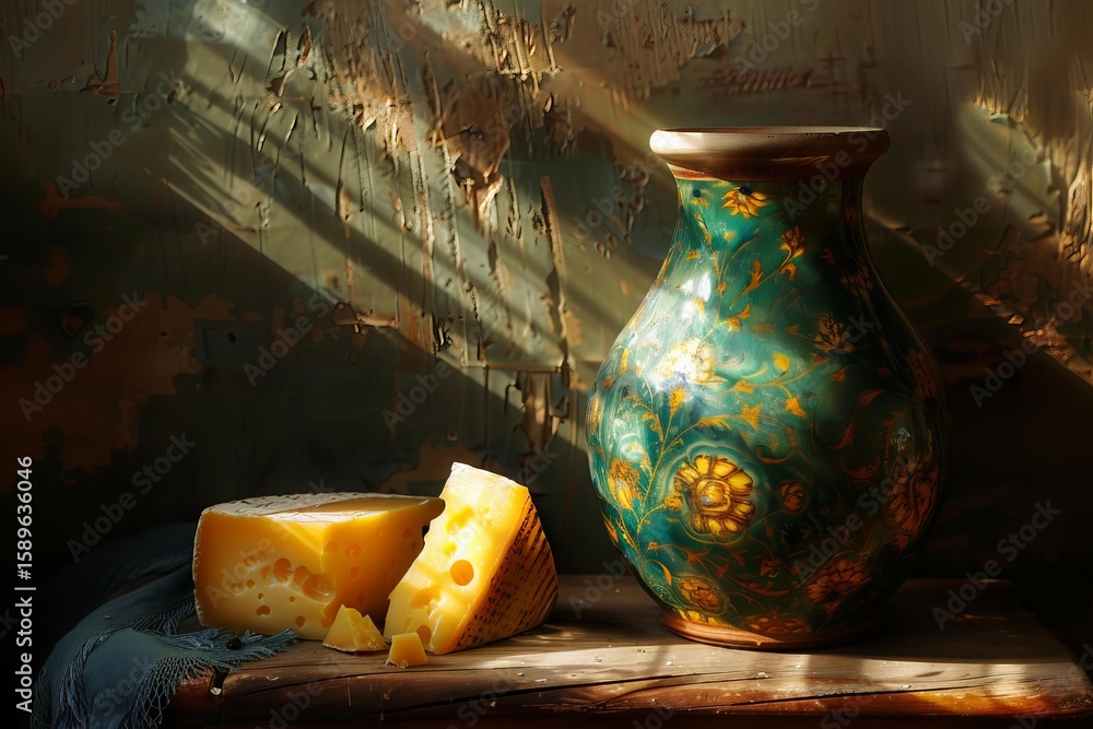 Poster sunlight illuminating cheese and a green ceramic vase on a rustic table, creating a warm and invitin