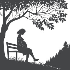 Silhouette of Pregnant Woman Sitting on Bench Under Tree in Nature
