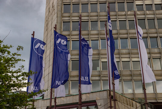 Ljubljana, Slovenia - May 12, 2024: A picture of multiple NLB Bank flags.