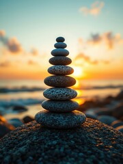 Balanced stones tower silhouetted against the vibrant sunset at the coast, symbolizing harmony, serenity and natural beauty.
