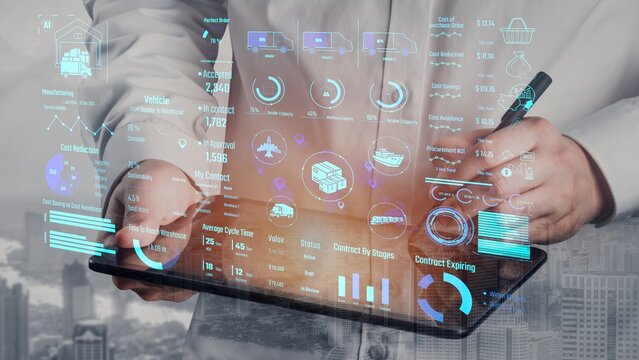 Supply chain management interface showing delivery routes, warehouse efficiency, cost savings, vehicle tracking, procurement ROI, and contract stages. Futuristic supply chain monitoring system. Thunk
