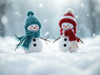Two adorable smiling snowman figures stand side-by-side in a snowy scene during a gentle snowfall
