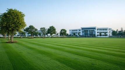 Obraz premium Wide shot of a school campus with manicured lawn and buildings