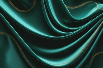Teal silk fabric with gold accents texture draped