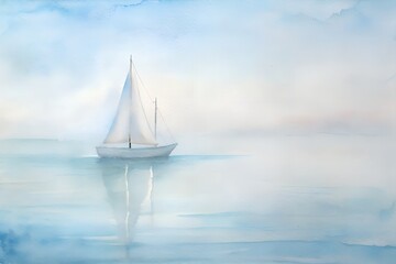 Serene Sailboat on Calm Watercolor Sea in Soft Blues and Whites
