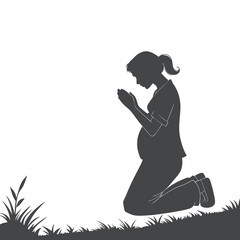Silhouette of Pregnant Woman Kneeling and Praying Outdoors
