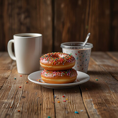 Stacked Glazed Donuts with Coffee on Rustic Wooden Table