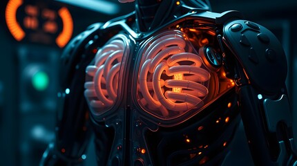 Close-up of a futuristic robot's torso revealing intricate internal mechanisms and a glowing, energy-emitting core