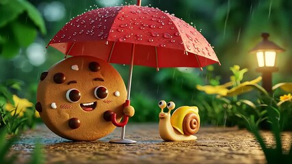 A cheerful cookie character holding a red umbrella protects a cute snail from the rain in a lush garden