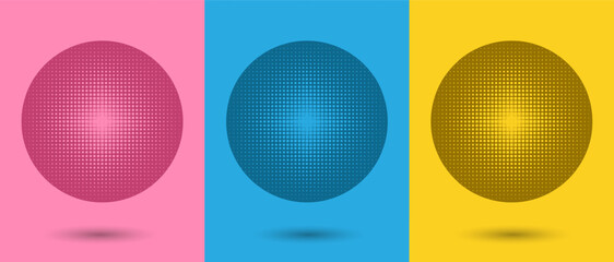 A set of spheres with gradient halftone dots and shadows on a pink, blue and yellow background. Pop art style template, texture. Vector EPS 10.