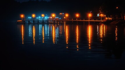 Night pier reflecting lights on dark water