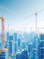 Futuristic skyline dominated by tower cranes rising above a metropolis of gleaming high-rise buildings