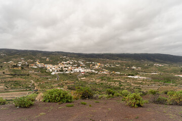 Panoramic view of a rural village landscape on Tenerife under an overcast sky