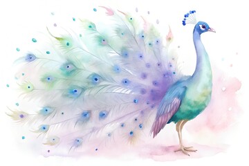 Majestic Peacock Displaying Feathers with Jewel-Tone Watercolor Splashes – Vibrant Art