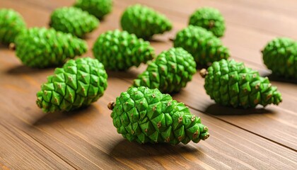 Bright green pine cones scattered on a wooden surface