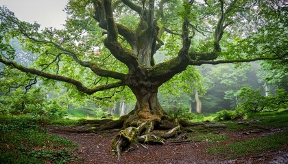 Fototapeta premium majestic ancient deciduous tree with sprawling roots and twisted branches stands alone amidst vibrant greenery in a misty forest landscape