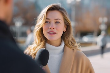 Female small business advocate passionately addressing economic inequality in front of financial media with urban city backdrop and natural lighting.