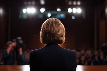 Female Supreme Court nominee answering questions during formal confirmation hearing in government chamber, captured with official lighting and telephoto lens in constitutional style.