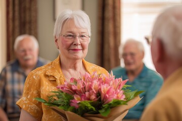 Elderly residents gather in a retirement home community room to admire a fresh flower arrangement, bathed in warm afternoon light, capturing intergenerational joy and connection.