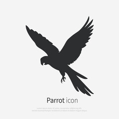 Obraz premium Amazon macaw parrot in flying icon silhouette. Vector logo of a parrot. Illustration side view isolated on white background.
