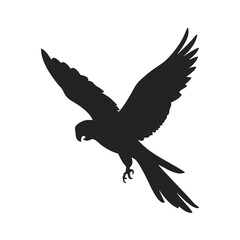 Obraz premium Amazon macaw parrot in flying silhouette logo. Black icon parrot isolated on white background. Vector illustration side view
