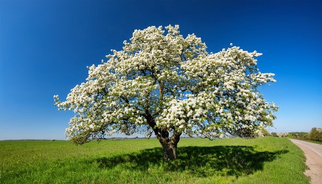 a hawthorn tree with abundant white blossoms stands against a clear blue sky