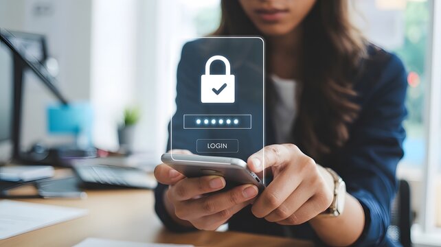 Woman unlocks phone with secure password and login on device
