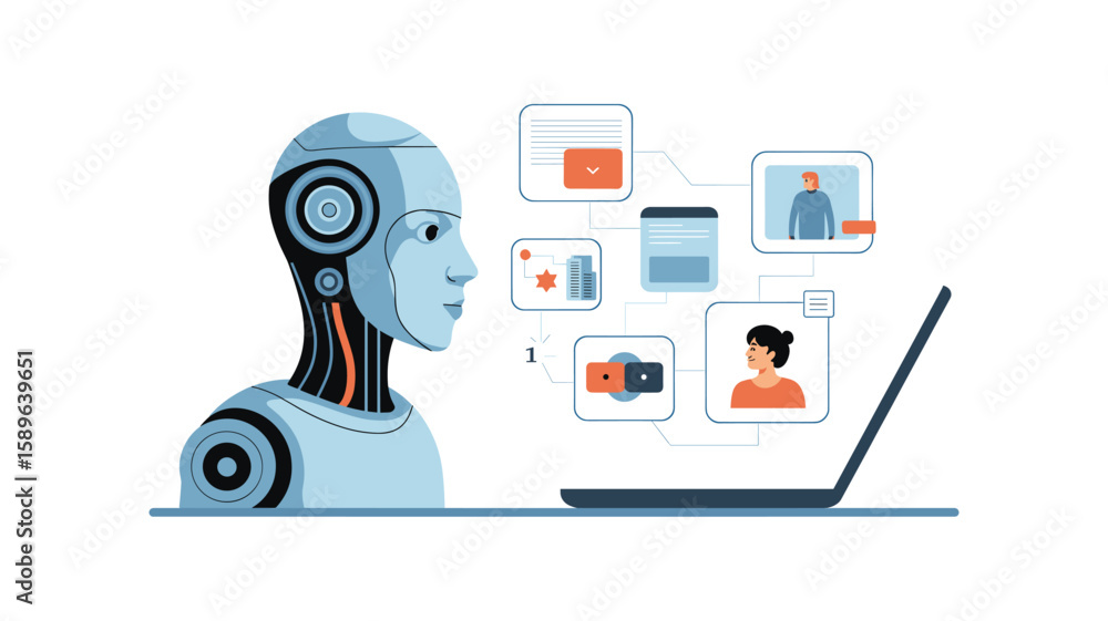 Poster ai-powered communication: robot head interacting with people through digital interfaces on a laptop