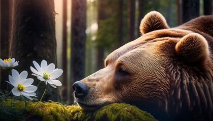 a large irresistible bear in the forest sleeping while flowers move beside him the hibernation of a big brown bear