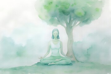 Serene Woman Meditating Under a Tree – Calming Green Watercolor Wash Art