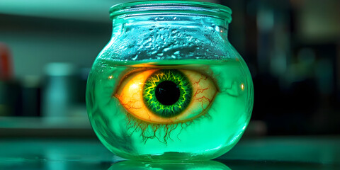 Ominous Eyeball Jar Image, Oddities Still Life, Medical Curiosity, Bizarre Halloween Display, Spooky Anatomy, Creepy Collection