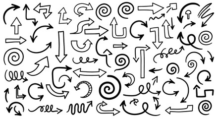 Large compilation of diverse hand-drawn black and white arrow icons, including spirals and various directional pointers for creative design and navigation