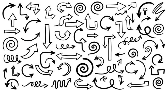 Large compilation of diverse hand-drawn black and white arrow icons, including spirals and various directional pointers for creative design and navigation
